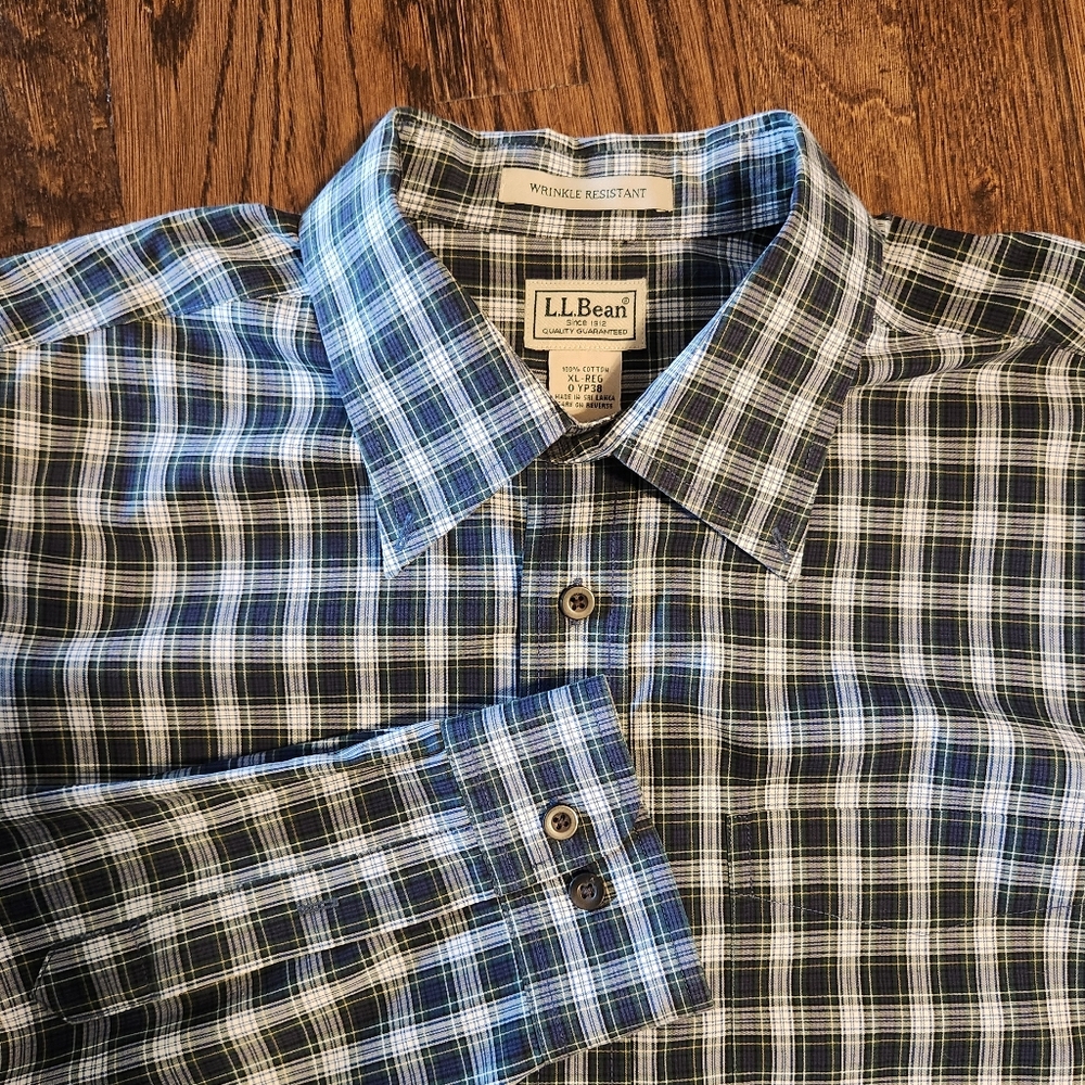 L.L.Bean Men's Plaid Button-Down Shirt in Blue, Black, White